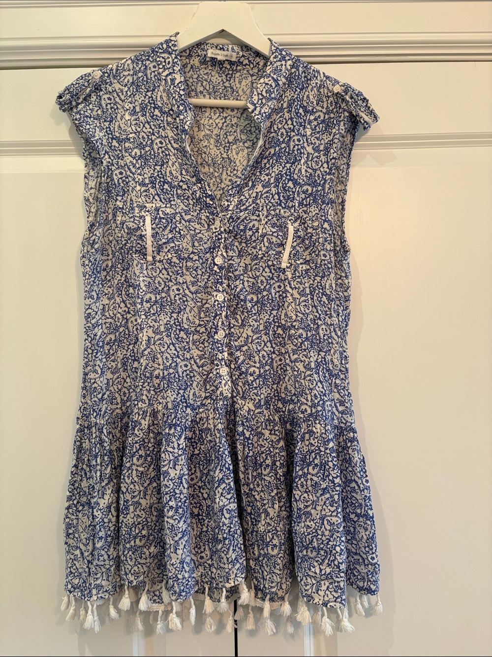 Poupette St. Barth Blue and White Tassel Mini Dress